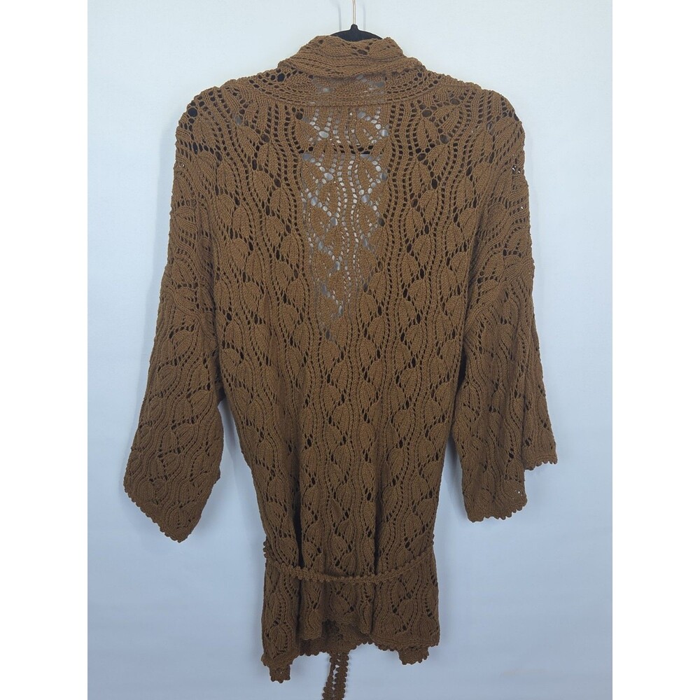 VINTAGE J. Jill 3X PLUS Pointelle Belted Cardigan Shawl Brown Made in Hong Kong - Picture 2 of 8